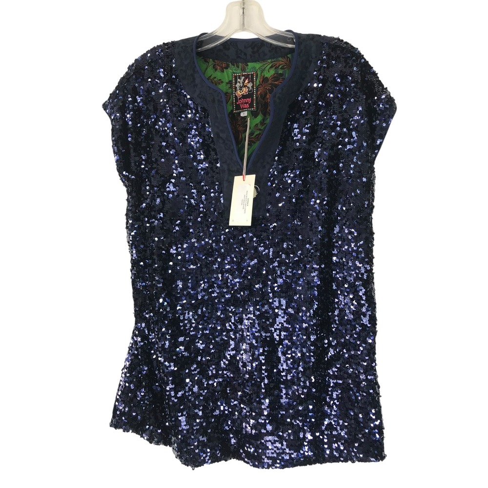 Johnny Was Sequin Tunic Blouse Small Blue Sleeveless V-Neck Floral Silk Lined
